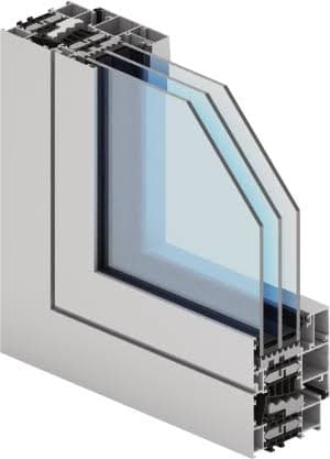 Doorsnede van een aluminium raamprofiel met isolerende beglazing